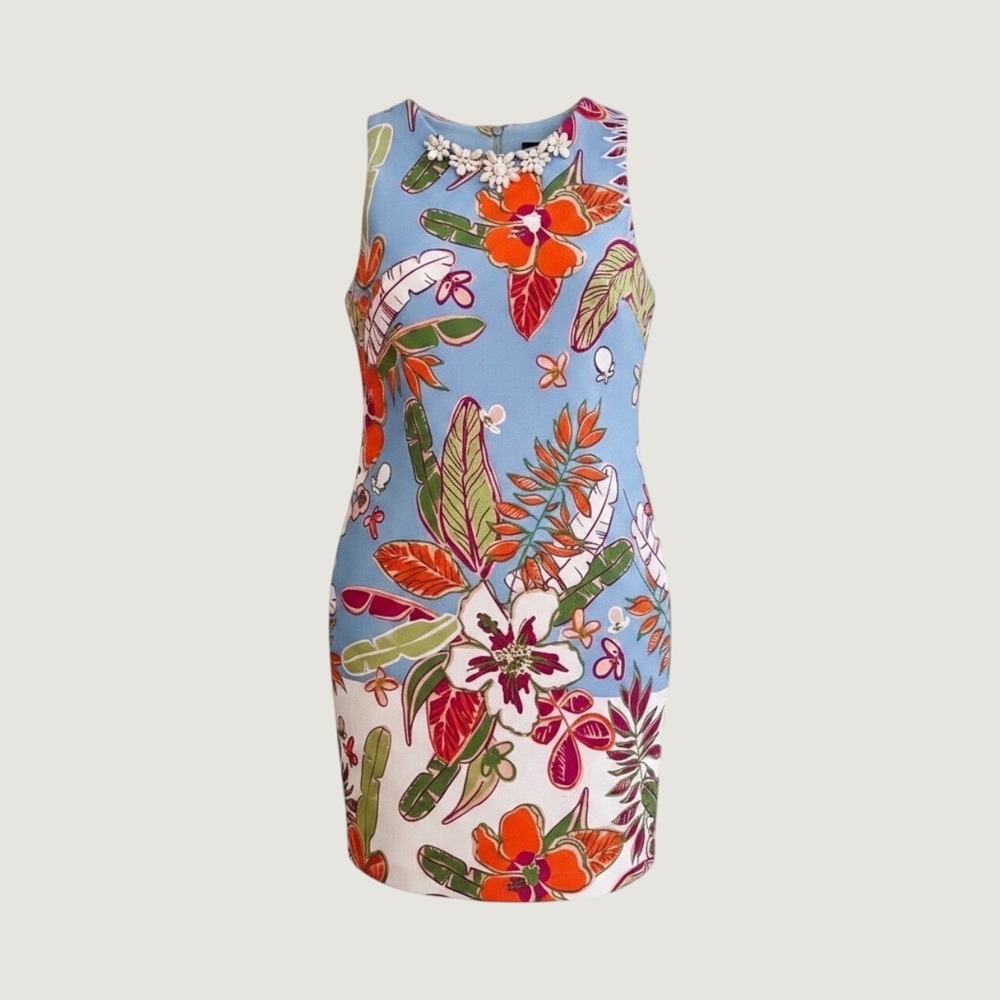 Just Taylor Tropical Floral Sleeveless Sheath Dress Beaded Neckline Colorful 10